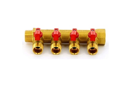 Коллектор Tiemme Nino НВ, 3/4", с кранами, 4 выхода, 1/2", Н 36 мм, красный, флажок 1820066