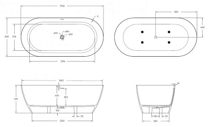 Ванна из искусственного камня Cezares Relax 170x80 см белый матовый CZR-RELAX-170-80-57-SSB