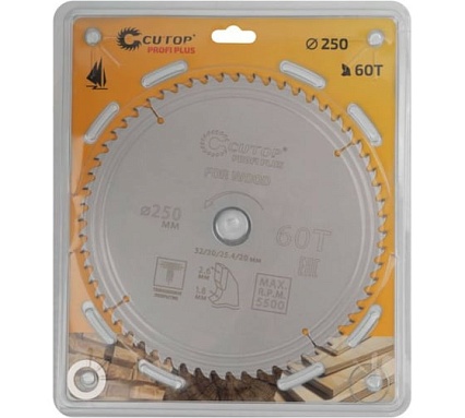 Диск пильный с тефлоновым покрытием по дереву Profi plus 250x1.8/2.6x32/30/25.4/20 мм, 60Т CUTOP 75-25060Т