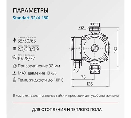 Циркуляционный насос PROFLINE standart 32/4-180 (гайки, кабель) УТ-00047624