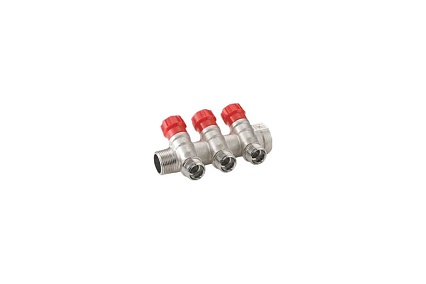 Коллектор RIIFO Flow с вентилями 3/4" ВР/НР 2x1/2"НР конус ц/ц 35 мм красные рукоятки 1100047674
