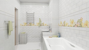 Светлая, ванная комната с имитацией летнего сада