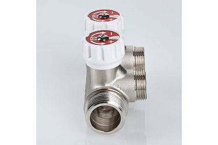 Коллектор с регулировочными вентилями Valtec 1"х2 выхода, евроконус 3/4" (на подающий трубопровод) VTc.570.NE.0602