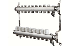 Коллектор для теплого пола Sanext нержавеющая сталь, с запорн., в/о и дренаж., ДУ25, ВР1"х 9 конт. НР 3/4" 8599