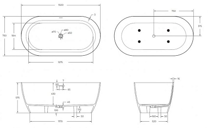 Ванна из искусственного камня Cezares Relax 150x75 см белый матовый CZR-RELAX-150-75-57-SSB