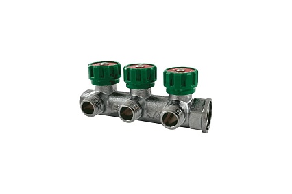 Коллектор с регулирующими клапанами SANTECHSYSTEMS 1", 2 выхода под плоское уплотнение 1/2" н/р, межосевое расстояние между выходами 45мм 129-8675