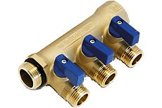 Коллектор Tiemme 3 отвода, с шаровыми клапанами 1х1/2&quot;(16) (латунь) синие ручки 1820046