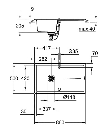 Кухонная мойка Grohe K400 31640AP0 86 см черный гранит