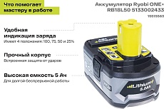 Аккумулятор Ryobi ONE+ RB18L50 5133002433 (18 В; 5 А*ч; Li-Ion)