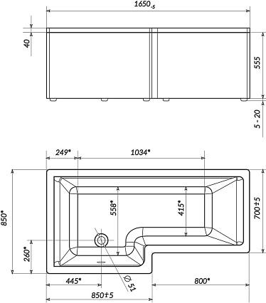 Акриловая ванна Marka One Linea 165x85 L