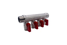 Коллектор Tiemme НВ, 3/4&quot;, 4х1/2&quot;х16, Н 36 мм, никелированный, с кранами 1820049/1824N160404