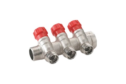 Коллектор RIIFO Flow с вентилями 3/4" ВР/НР 3x1/2"НР конус ц/ц 35 мм красные рукоятки 1100047706