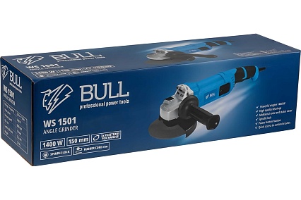 Одноручная угловая шлифмашина Bull WS 1501 150 мм, 1400 Вт, 8400 об/мин, пылезащита, 4 м кабель 1333622