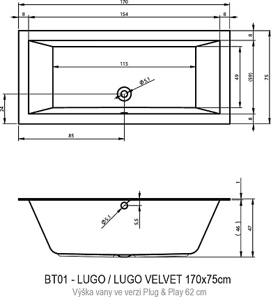 Акриловая ванна Riho Lugo Plug&Play 170x75 см R с монолитной панелью