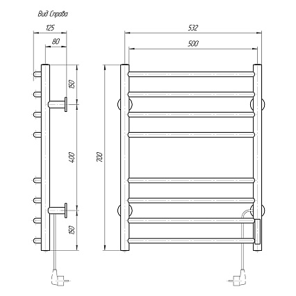 Полотенцесушитель электрический Domoterm Классик DMT 109-8 50x70 TBOX EK ТЭН справа, с таймером, хром