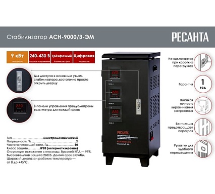 Трехфазный стабилизатор напряжения Ресанта ACH-9000/3-ЭМ 63/4/4