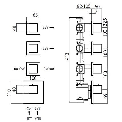 Скрытая часть смесителя Bossini Oki/Cube Z030271000 термостат, на 4 выхода с девиатором