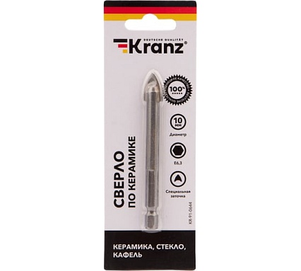 Сверло по стеклу и керамике 10 мм, шестигранный хвостовик Kranz KR-91-0644