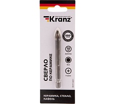 Сверло по стеклу и керамике 10 мм, 4 грани, шестигранный хвостовик Kranz KR-91-0651