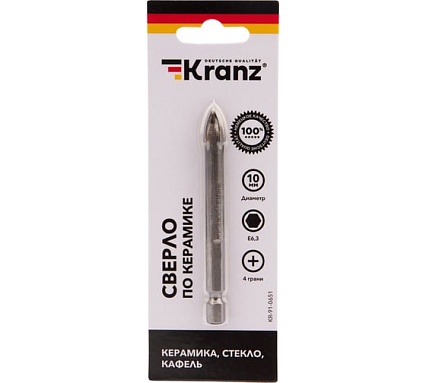 Сверло по стеклу и керамике 10 мм, 4 грани, шестигранный хвостовик Kranz KR-91-0651