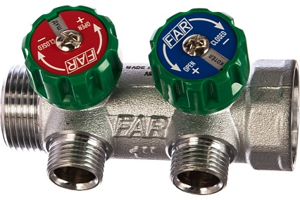 Регулирующий коллектор FAR 1" ВР-НР с 2 отв. 1/2" НР межосев. 45 мм FK 3821 112
