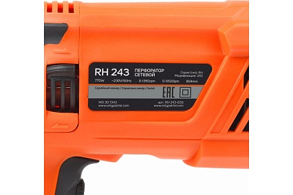 Перфоратор Patriot RH 243 SDS+, мощность 770 Вт, 2.6 Дж, 3 режима работы, макс.диаметр 24 мм, глубиномер, кейс 140301343