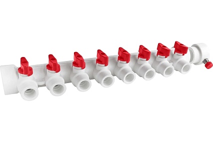 Коллектор PPR Valfex с отсечными красными кранами и воздухоотводчиком, 40x20, 8 выходов, белый К 111134008R