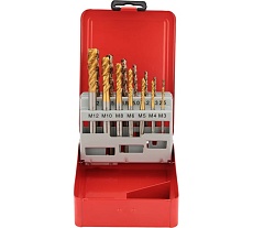Набор спиральных машинных метчиков H-Tools M3-M12 HSSE-TiN DIN371/376 + сверла 14пр 245052THT