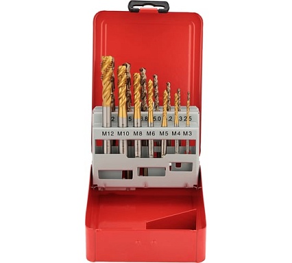 Набор спиральных машинных метчиков H-Tools M3-M12 HSSE-TiN DIN371/376 + сверла 14пр 245052THT