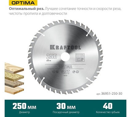 Диск пильный по дереву Kraftool Optima 250x30 мм, 40Т 36951-250-30