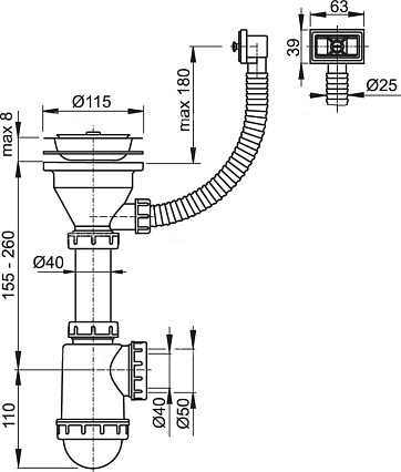 Сифон для мойки Alcaplast A447-DN50/40 с решеткой, переливом