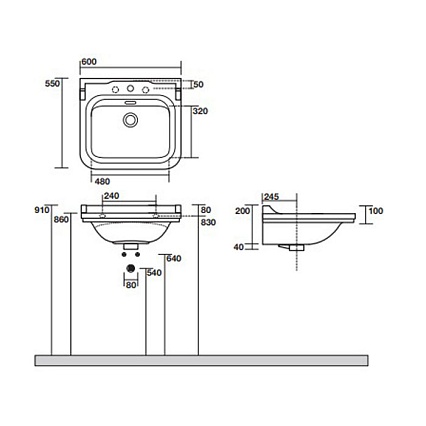 Раковина Kerasan Waldorf 4140K1bi/cr*3 60 см белый/хром (с 3 отв. под смеситель)