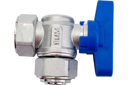 Шаровой кран FAR хром, 3/4" накидные гайки бабочка, синий, угловой FS 3099 34BC