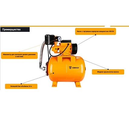 Насосная станция Deko DKJP450 PLUS, 450 Вт, 45 л/мин, 24 л 076-0530