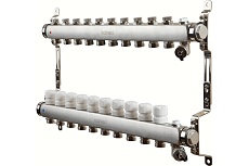 Коллектор для теплого пола Sanext нержавеющая сталь, с запорн., в/о и дренаж., ДУ25, ВР1"х 10 конт. НР 3/4" 85910