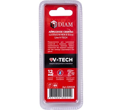 Сверло алмазное 12x35 мм, 1/4 HEX-E Extra Line V-TECH (в.спекание) Diam 320328