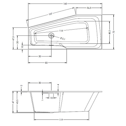 Акриловая ванна Riho Rethink Space Plug & Play 160x75 см R, с монолитной панелью