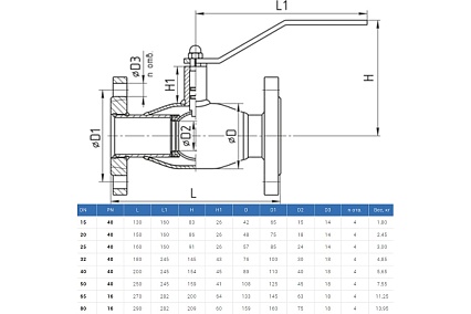 Шаровой кран TEMPER 293 Ду40 Ру40 фланцевый полнопроходной стальной D160-07574 D160-13023