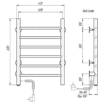 Полотенцесушитель электрический Domoterm Аврора DMT 109-6 40x60 EK ТЭН слева, хром