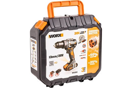 Ударная аккумуляторная дрель-шуруповерт Worx 60 Нм, 20 В, бесщеточная, 2 Ач x 2, ЗУ 2 А, кейс WX352