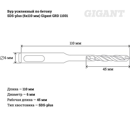 Бур усиленный по бетону SDS-plus (6x110 мм) Gigant GRD 11001