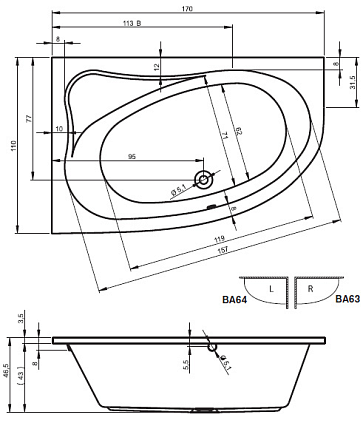 Акриловая ванна Riho Lyra 170x110 L/R