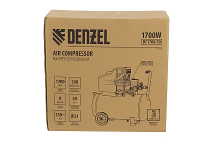 Воздушный компрессор с прямым приводом Denzel DC1700/50 1,7 кВт, 50 литров, 260 л/мин 58164