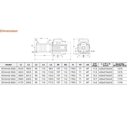 Многоступенчатый насос LEO ECH 2-50, 0,55 кВт, 380В, Qmax. 3,6 m3h, Hmax. 40 m 2183