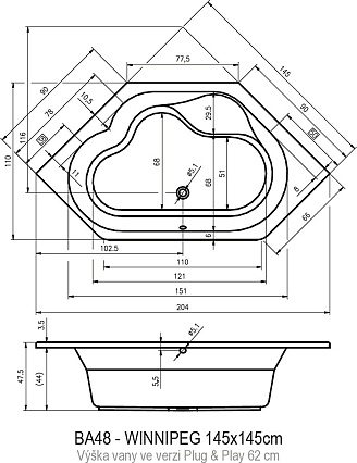 Акриловая ванна Riho Winnipeg Plug&Play 145x145 см с монолитной панелью