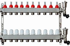 Коллекторная группа с расходомерами Grosseto 1&quot;x3/4&quot;, 10 выходов, нержавеющая сталь, 10 бар, универсальный кронштейн 2042987
