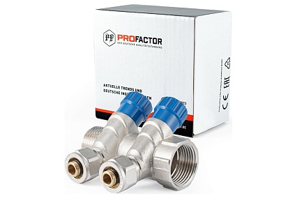 Коллектор с регулировочными вентилями PROFACTOR в/н 1" х 2 вых 16 цанга PF MVP 269.2C