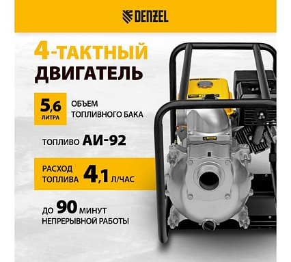 Бензиновая мотопомпа для грязной воды Denzel PX-80D 15 л.с., 3, 1500 л/мин, глуб 8 м / 99204