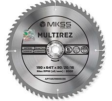 Диск пильный универсальный MKSS Toolbox MU1900 190x64Тх1.4/2.2x30/20/16мм Multirez MU19006430