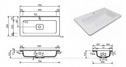 Тумба с раковиной Style Line Бергамо мини Люкс Plus 70 см подвесная